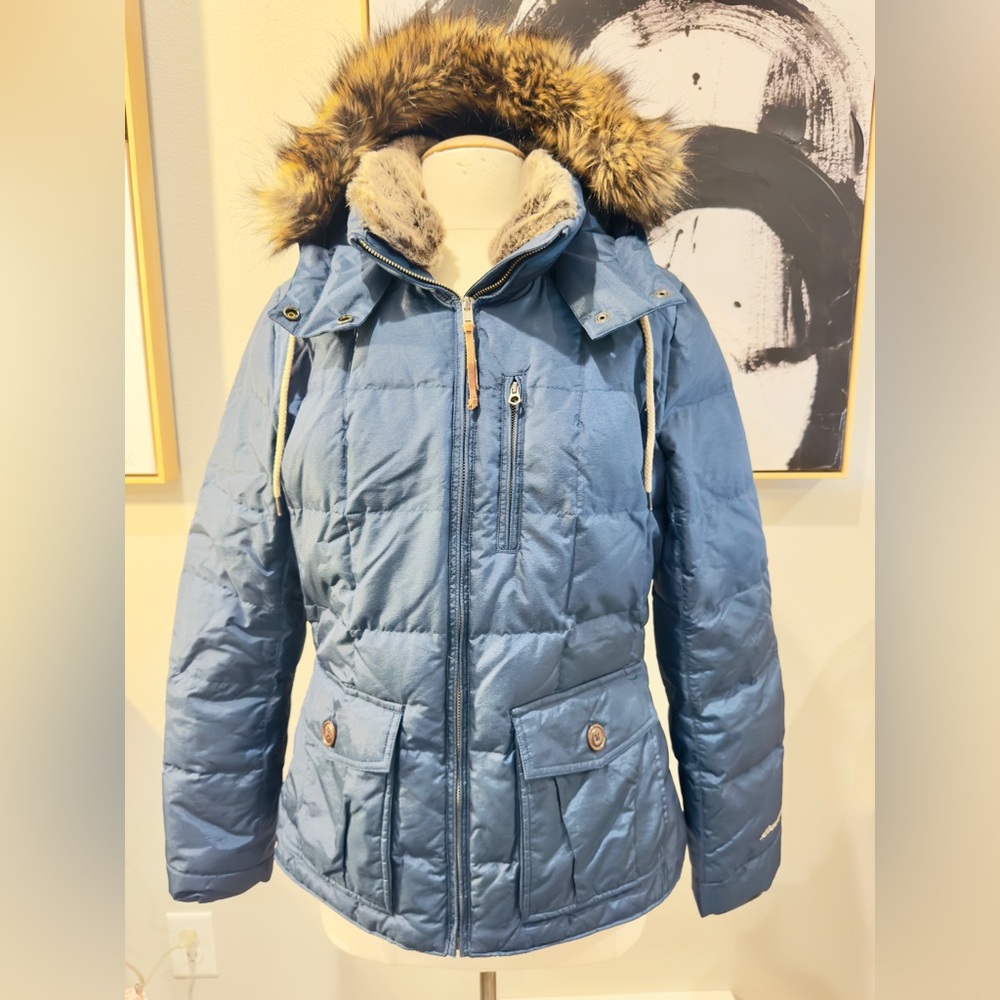 Eddie Bauer Blue DOWN Insulted Winter Coat Detachable Fur Trim Hood Womens Large